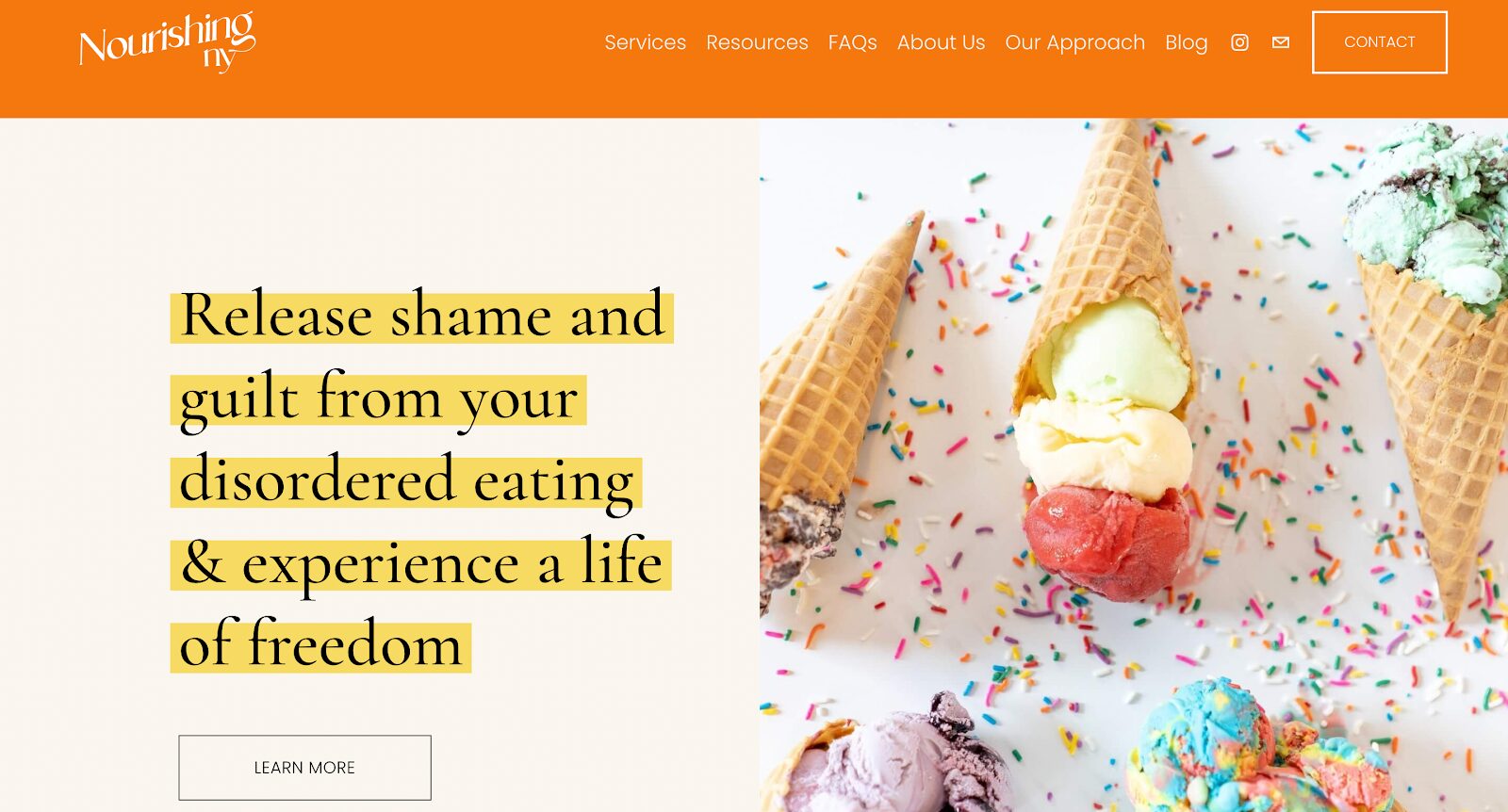 Example of a headline to help therapists write their website copy. "Release shame and guilt from your disordered eating & experience a life of freedom."